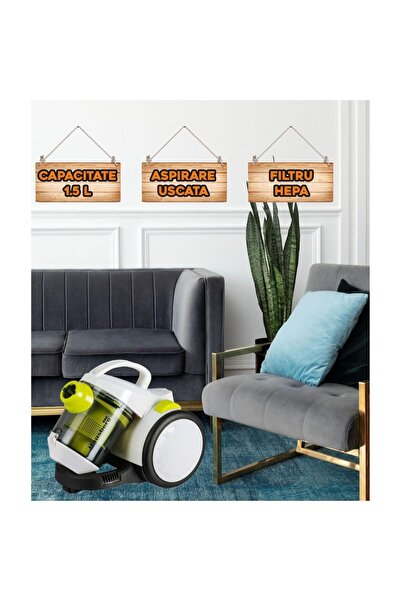 Hausberg Aspirator fara sac HB-2090VR, 800-1200W, 1.5 L, aspirare uscata, ciclonic, filtru HEPA, Alb-Verde