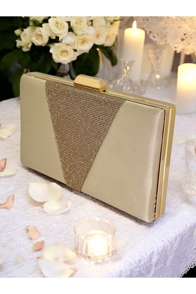 Ahenk Design Geanta de seara din satin auriu Rosegold Stone Geanta de seara G...
