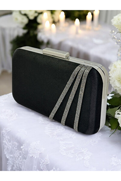 Wedding Fashion Geantă elegantă din satin negru, ornamentată cu pietre platină, pentru seară, nuntă sau logodnă.