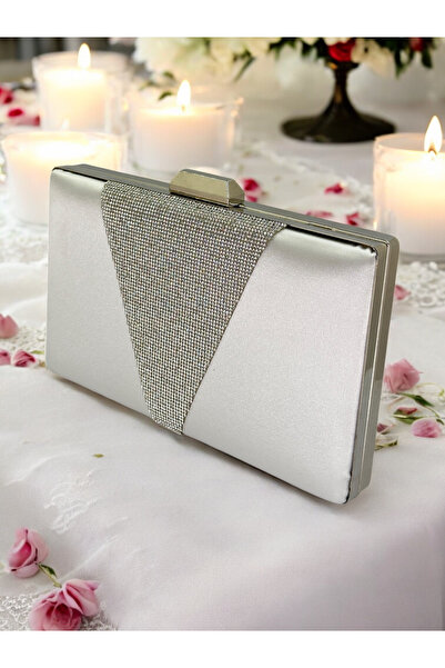 MidStore Ecru Satin Silver Stone Evening Dress Bag Evening Bag Engagement Wed...