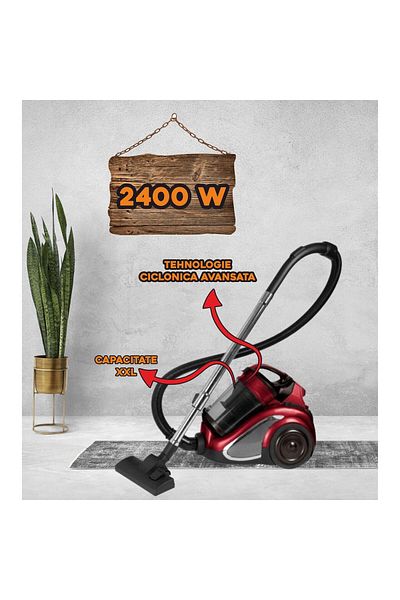 Hausberg Bezsáčkový vysavač HB-2820RS, 2400 W, 4,5 litru, 85 dB, omyvatelný filtr, černá/červená
