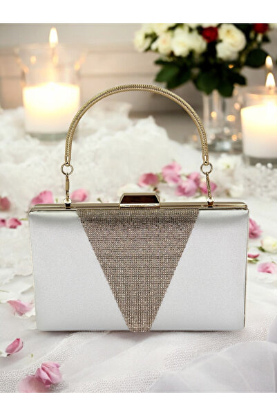 Wedding Fashion Mother of Pearl Ecru Satin Gold Stone Metal Handle Evening Dress Bag Evening Bag Engagement Wedding Bag