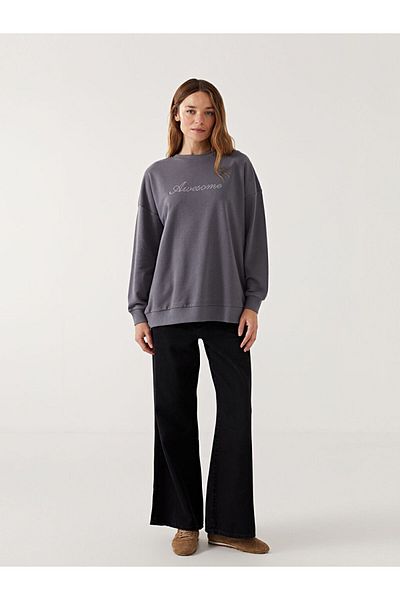 LC Waikiki Γυναικείο φούτερ LCW Modest Grey Crew Neck Stone Oversize τουνίκ