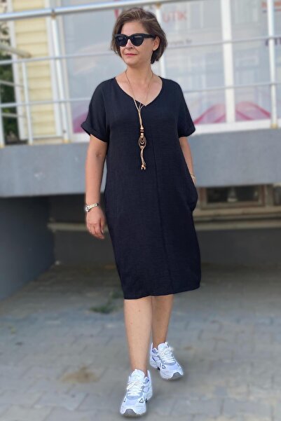 Mia Butik Plus Size Black Casual Dress with Necklace Gift