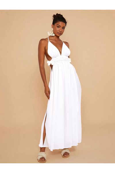FASHION COCKTAIL Φόρεμα με λουράκια - Μακρύ καλοκαιρινό μάξι φόρεμα με λευκό λευκό με πλαϊνή λαιμόκοψη