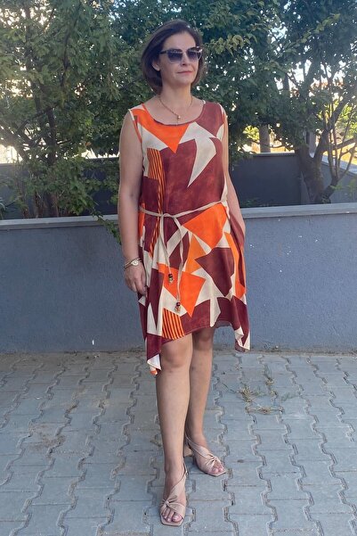 Mia Butik Plus Size Straps Coffee-Orange-Cream Geometric Print Dress