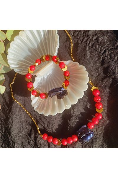 arzela Natural Stone Coral Baroque Pearl Necklace and Bracelet Set Steel