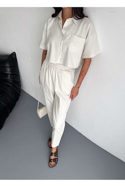 ALLEYTA Women's Linen Pocketed Trousers Shirt Double Set