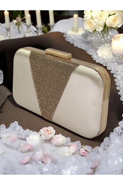 MidStore Geantă elegantă din satin de culoarea pielii, rose gold, cu pietre -...