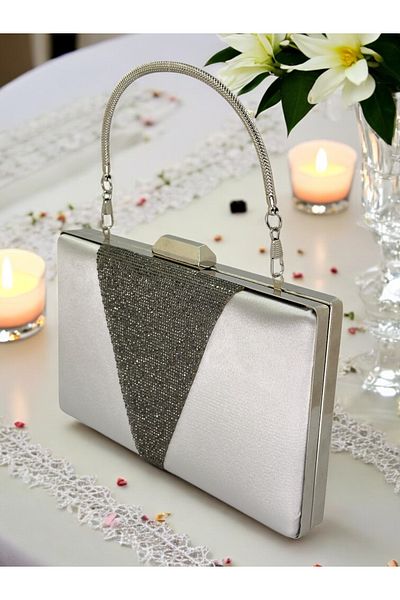 Wedding Fashion Satin Argintiu Platină Piatră Mâner Metalic Geantă Rochie De Seară Geantă De Seară Geantă De Nuntă De Logodnă