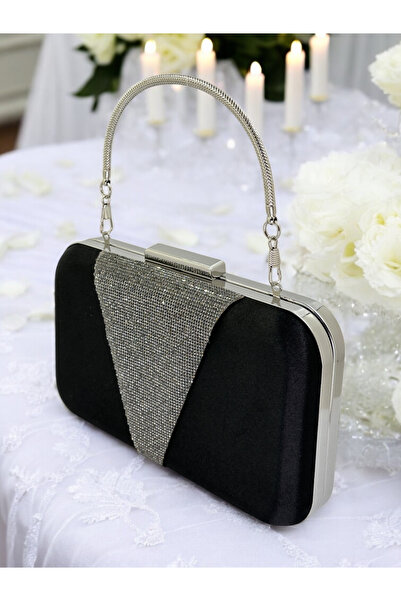Wedding Fashion Geantă elegantă din satin negru, ornamentată cu pietre platin...