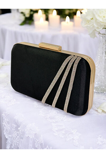 Ahenk Design Geantă elegantă din satin negru decorată cu pietre aurii - pentr...