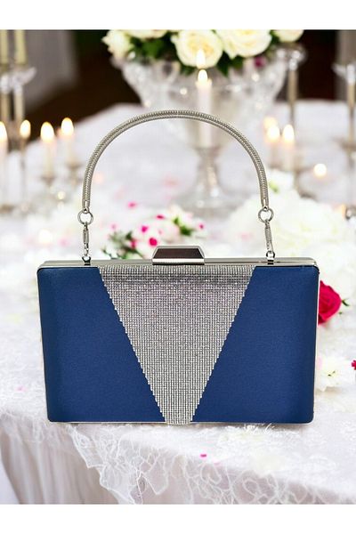 Wedding Fashion Bleumarin Satin Argintiu Piatra Maner metalic Geanta rochie de seara Geanta de seara Geanta de logodna pentru nunta
