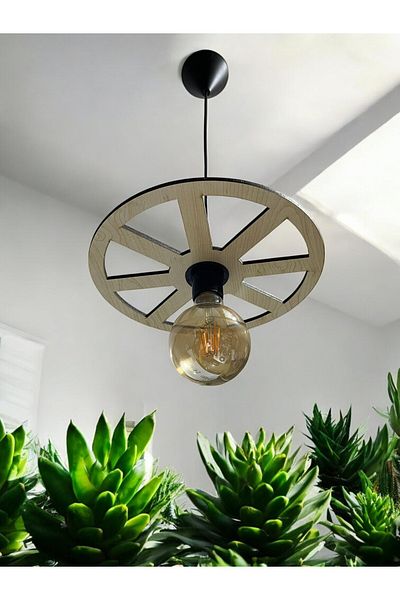 KAŞIKBEY Single Wheel Wheel Chandelier - Wooden Decorative Cafe Restaurant Balcony Garden Chandelier