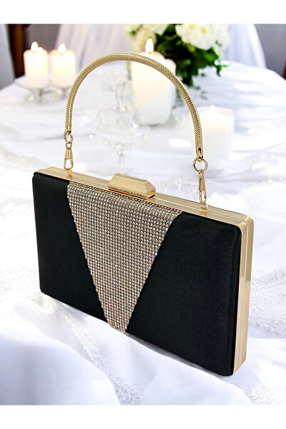 Wedding Fashion Geantă elegantă din satin negru cu pietre aurii și mâner meta...