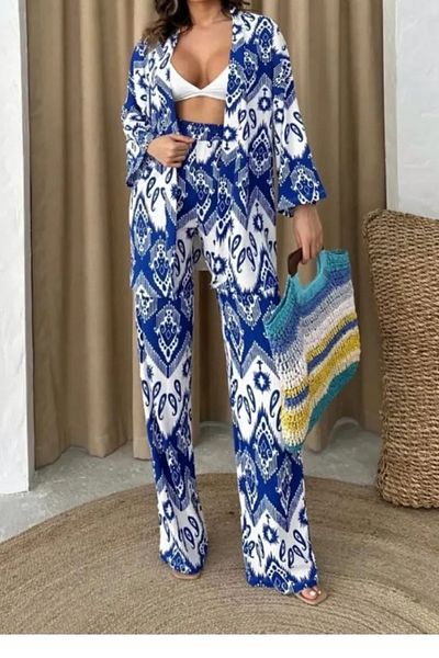 Tanos Ethnic Patterned Lycra Women's Wrinkled Fabric Summer Kimono Set