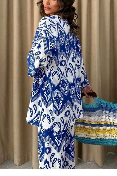 Tanos Ethnic Patterned Lycra Women's Wrinkled Fabric Summer Kimono Set