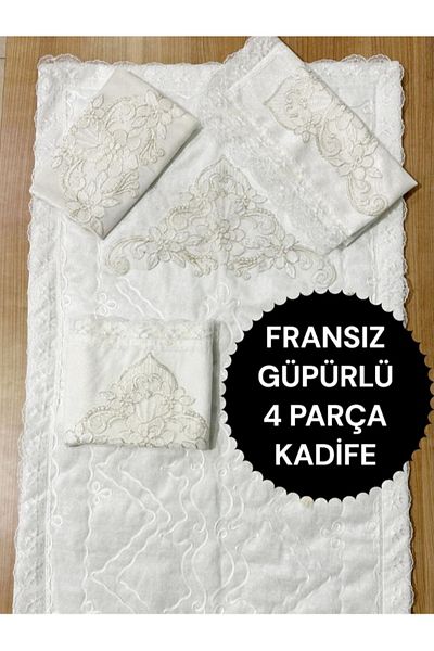 CONSTRAİN 4 Piece French Guipure Embroidered Velvet Dowry Prayer Rug Set Bridal Prayer Rug