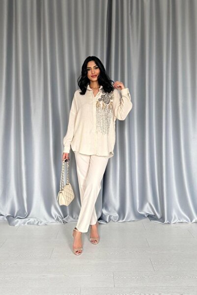 Femella Women Fashion Cămașă fără mărime brodata cu paiete crem