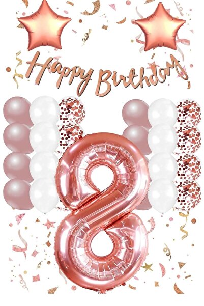 ALYA PARTI 8 Yaş Rose Rakam Folyo Yıldız Doğum Günü Seti Doğum Günü Konsepti