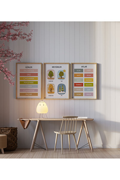 Genel Markalar Günler, Aylar, Mevsimler 3'lü Eğitici Set, Doğal Ahşap Çerçeveli, Bebek Ve Çocuk Odası Tablo Seti