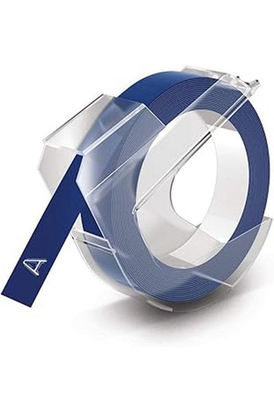 Hepta Collection Dymo Adhesive Plastic Embossing Ribbon, 9 mm X 3 Mt Roll, White Print on Blue