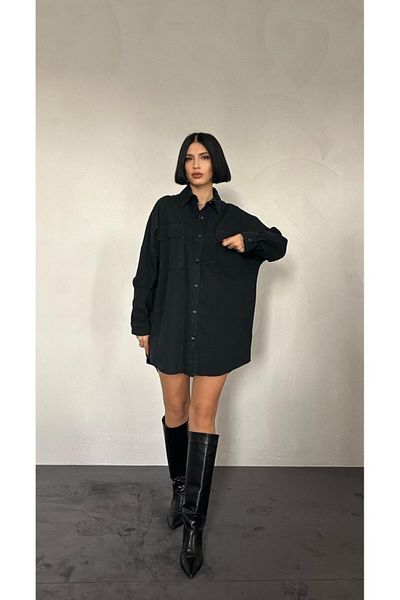 Moda Ebrar Yonca Fashion Μαύρο πουκάμισο με διπλό κάλυμμα τσέπης