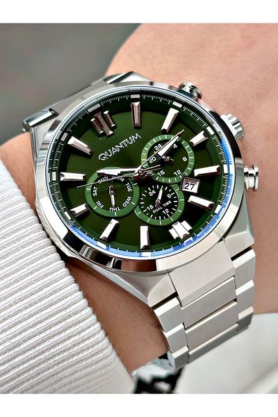 Quantum Function Silver-Green Color Steel Cord Steel Case Men's Wrist Watch 1094.371