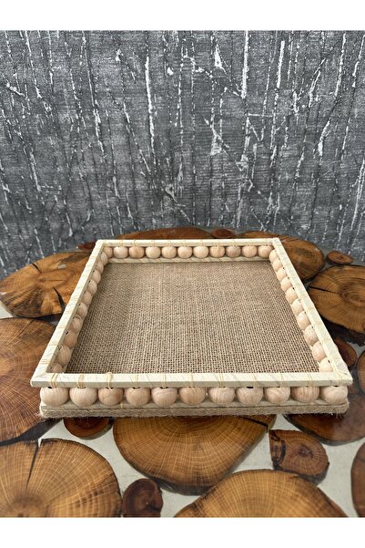 Vestora Hasır Dekoratif Boncuklu Sunumluk Kare Tepsi