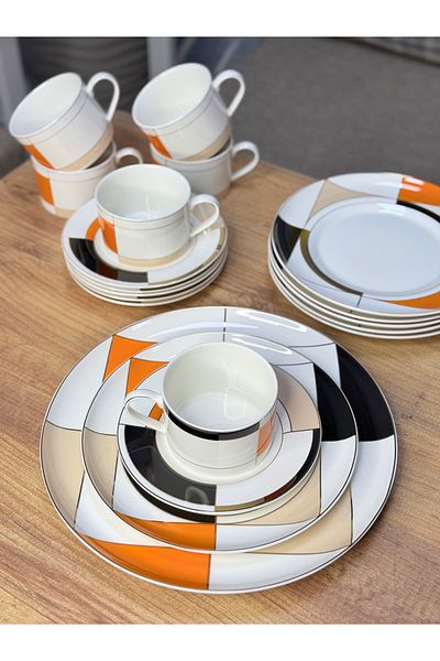 ACAR 19 Pcs Ariete Orange Geometric Porcelain Tea Cake Breakfast Set