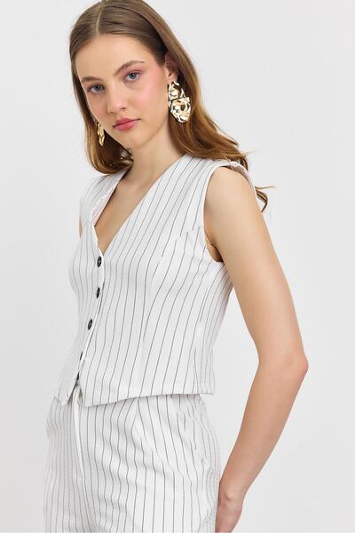 Rays 6622A Ecru Button Front Striped Vest and Trousers Set