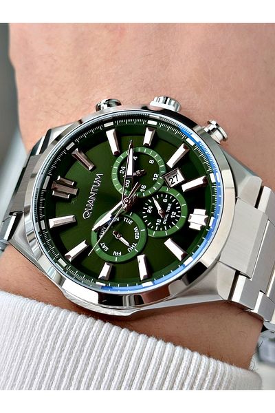 Quantum Function Silver-Green Color Steel Cord Steel Case Men's Wrist Watch 1094.371