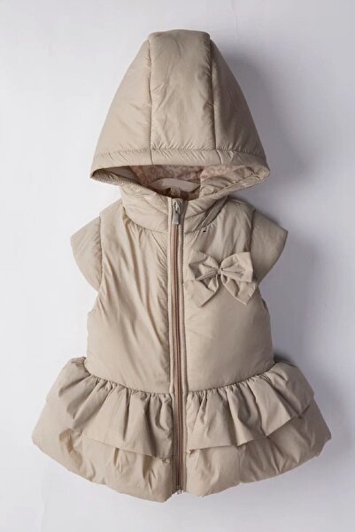 PODIUM GYM New Special Design Ribbon Ruffled Hooded - Ruffled Skirts Lined Puffy Sleeveless Coat - Vest