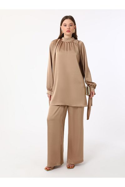 Refka Stone Colored Satin Tunic and Trousers Set of Two - Lacing Sleeve Detail - Refka
