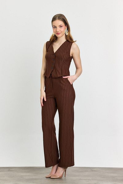 Rays 6622A Buttoned Front Striped Vest Pants Set Coffee