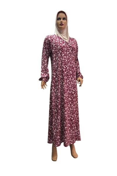 eflin Women's Hijab Clothing Prayer Dress Burgundy-Cream Floral Patterned Wrapped Lace