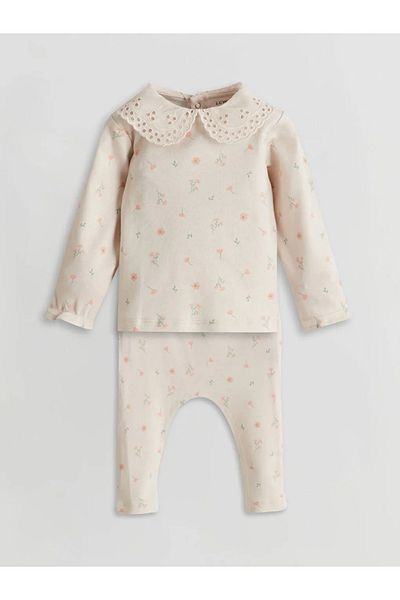 LC Waikiki Lcw Baby Ecru Baby Lapel Floral Baby Girl Blouse and Pants