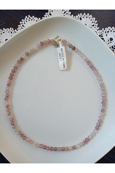 Mudita Tasarım 6 Mm Faset Kesım Gerçek Doğal Ham Gül Kuvars Kolye