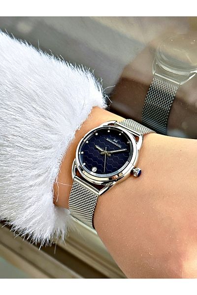 Romanson Special Design Calendar Straw Cord Silver-Navy Blue Color Steel Case Women's Wristwatch 1356.02