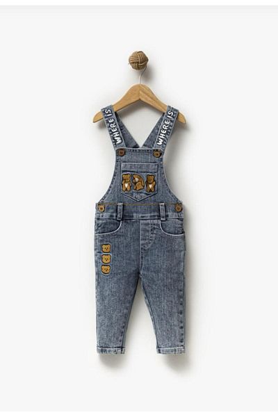 Ufuk Çizgisi Boy 1-4 Years Embroidered Denim Overalls