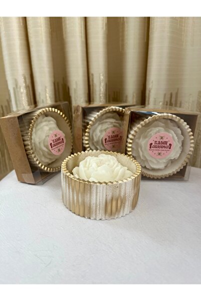 GIFTPALACE Dekoratif Özel Yapım Gold Detaylı  Mumluk ve 1 adet Gül Desenli Mum