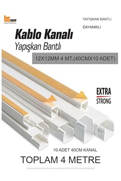 Bs Light 4 Metre (12x12mm) Kendinden Yapışkanlı Kablo Kanalı | 4m (10 Adet x 40cm) Kablo Gizleyici