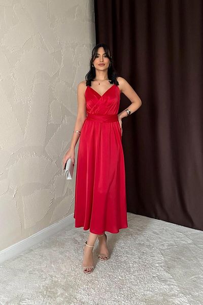 modaserdem Women's Red Stone Strap Princess Night-Graduation-Wedding-Evening Dress