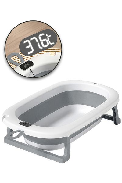 RENOVO Baby Bath Tub with Digital Thermometer, Drain Plug and Hanging Ring Portable Bathtub for Kids, Grey