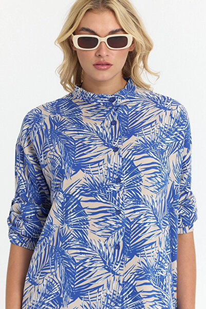 bacc Women's Indigo Floral Patterned Long Tunic and Pants Woven Viscon Bottom Top Set Bcvl-25V053-2