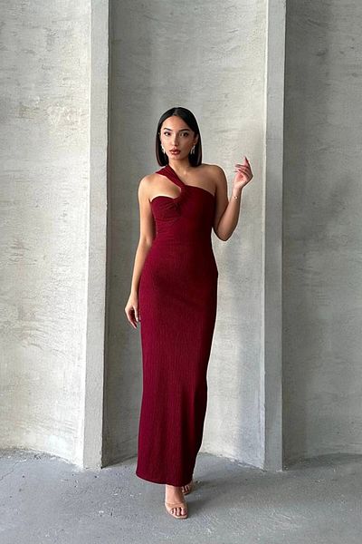 bacc Rochie de damă burgundă cu un singur umăr, lungime maxi, Bchn- 2525455