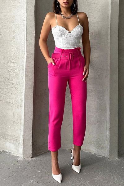 bacc Women's Pink Belted Woven Carrot Pants Bchn- 2525238