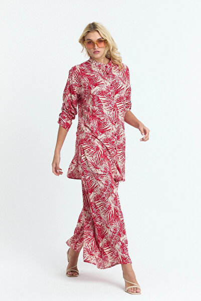 bacc Women's Red Floral Patterned Long Tunic and Pants Woven Viscon Bottom Top Set Bcvl-25V053-2