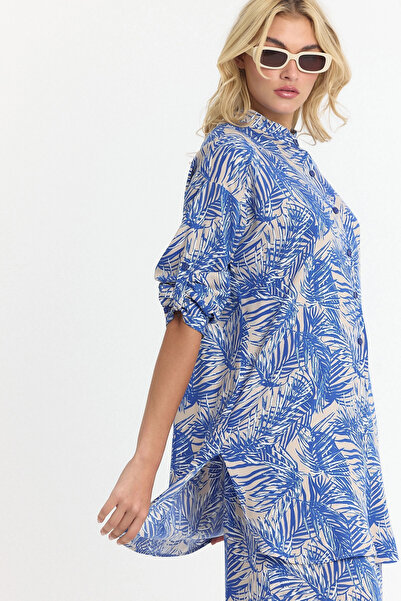 bacc Women's Indigo Floral Patterned Long Tunic and Pants Woven Viscon Bottom Top Set Bcvl-25V053-2