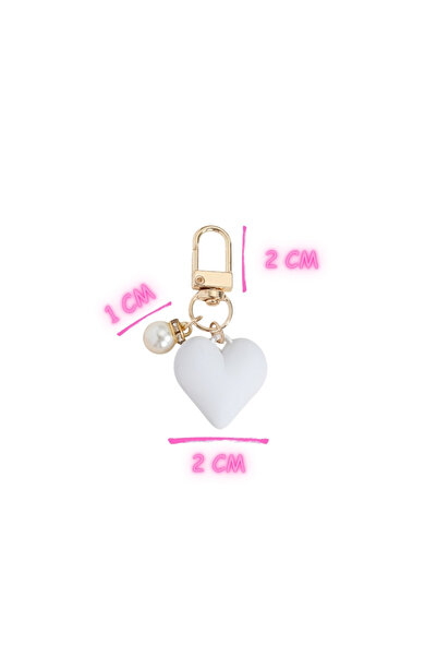 Fivy Matte White Color Pearl Detailed Heart Bag Charm, Keychain